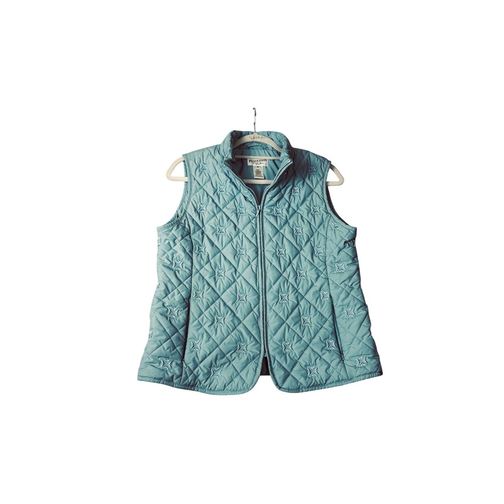 Pendleton Quilted Vest Womens Petite Medium Light Blue Embroidered Full‎ Zip